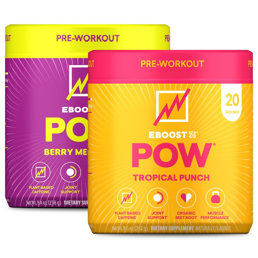 EBOOST POW Natural Pre Workout Powder – Berry Melon Fizz & Tropical Punch – 20 Servings Each, Energy, Focus, Joint Mobility Support, Non-GMO, Gluten-Free, No Creatine