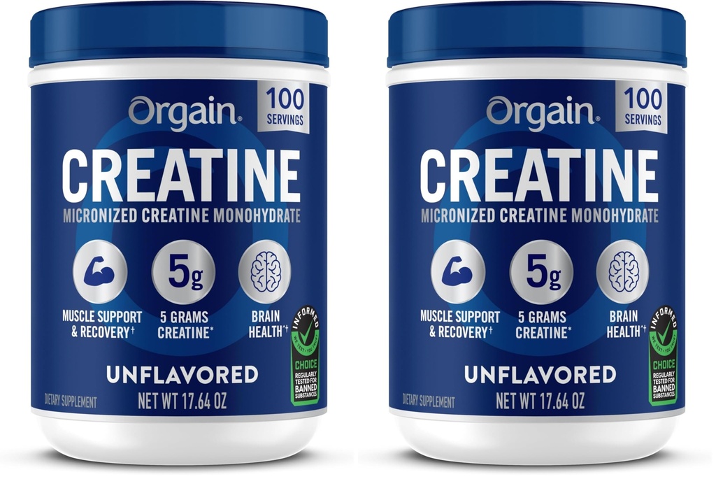 Orgain Creatin monohydrat Mikroniseret pulver, 100 Servering, Unflavored, Understøtter muskelvækst, Post Workout Inddrivelse og hjerne sundhed, Ingen kunstige tilsætningsstoffer, for mænd og kvinder, Vegan, (Pack of 2)
