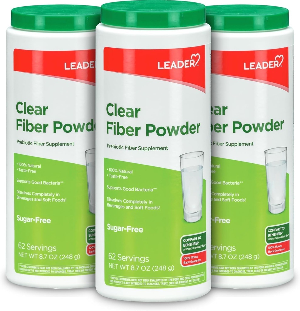 LEADER Prebiotic Fiber Supplement Powder, 186 Servering, 100% Natural Hvede Dextrin Daily Fiber Powder for fordøjelsessygdomme, Sugar- Free, Clear & Taste- Free, Gluten Free, Unflavored, 8.7 OZ, (3 Pack)