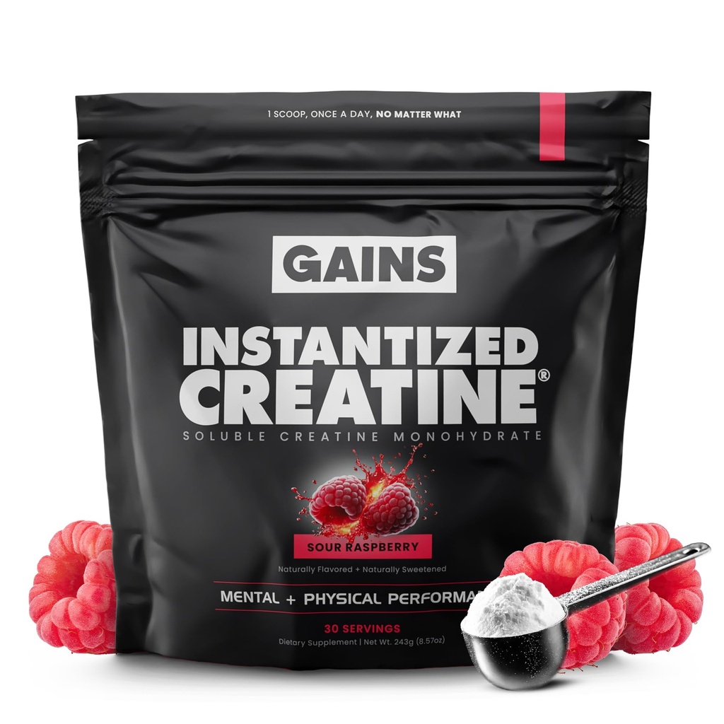 Gains in Bulk Instantized Creatine Monohydrate for Men & Women, Soluble Pre Workout Powder, Supports Muscle Building, Strength and Performance, Bodybuilding Supplements, Sour Raspberry, 30 Servings