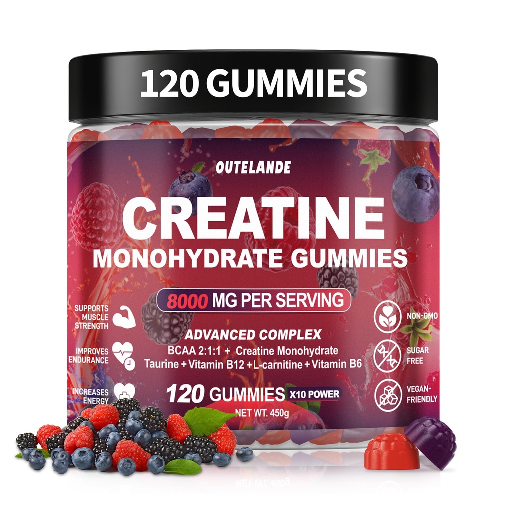 Creatin monohydrat Gummies 8000 mg for mænd og kvinder, Creatin supplement til forbedret muskelvækst, energi boost - med L- Taurine, Sukker fri, Vegan, Raspberry BlackBerry Blåbær Flavor- 120 Tæl