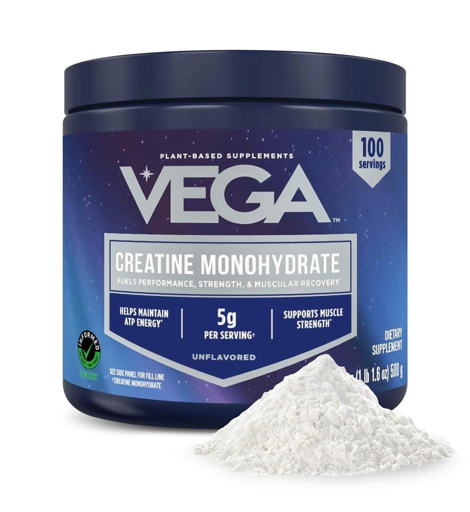 Vega Mikroniseret Creatin monohydrat pulver, Unflavored - 5g Pure Vegan Creatin for mænd og kvinder, Styrke, Performance & Muscle Growth, 100 Servere (17.6 oz)