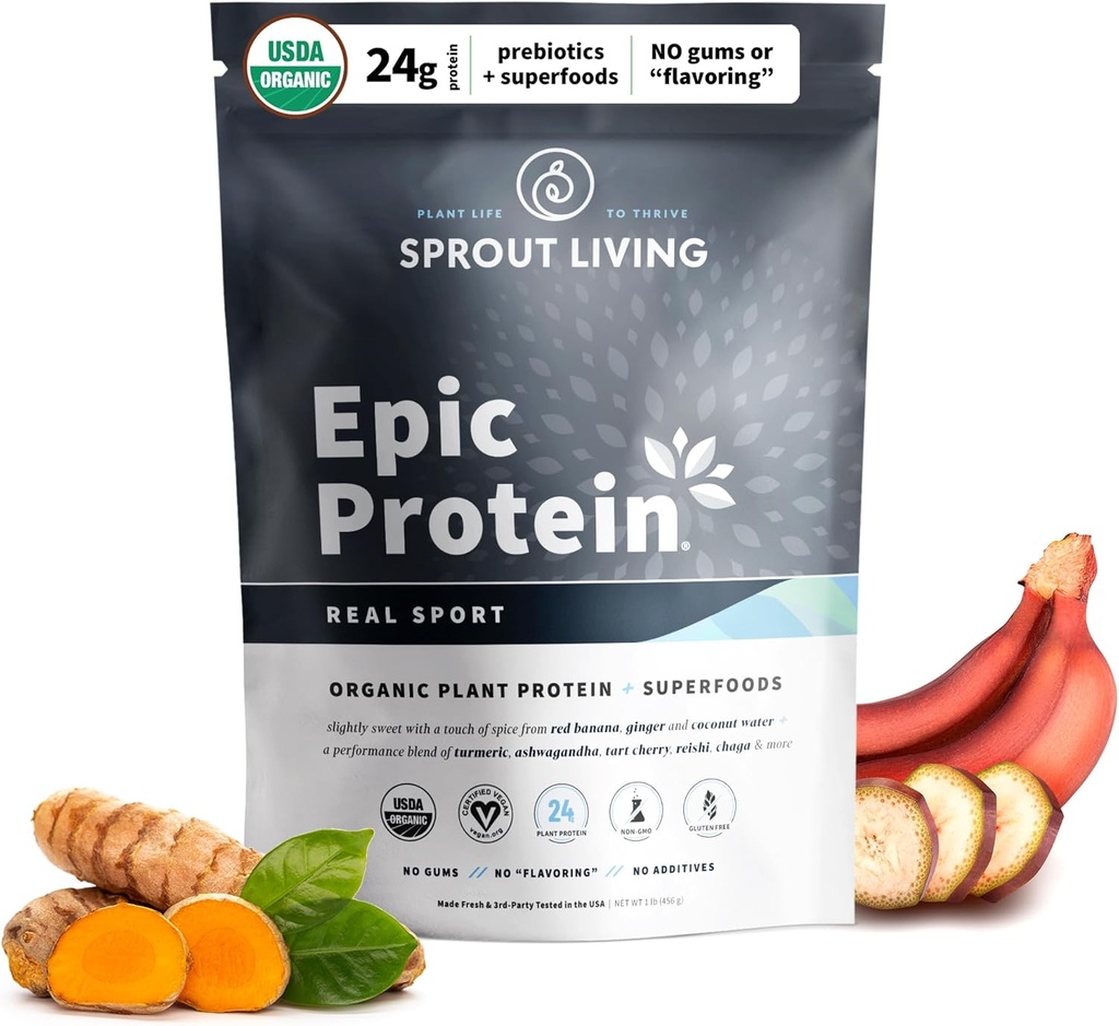 Spraut Living, Epic Protein, Plant Based Protein & Superfoods Powder, Real Sport Budd124; 24 Bedste Organic Protein Powder, Recovery, Vegan, Non Dairy, Non- GMO, Gluten Free, Lavsukker (1 pound, 12 Servere)