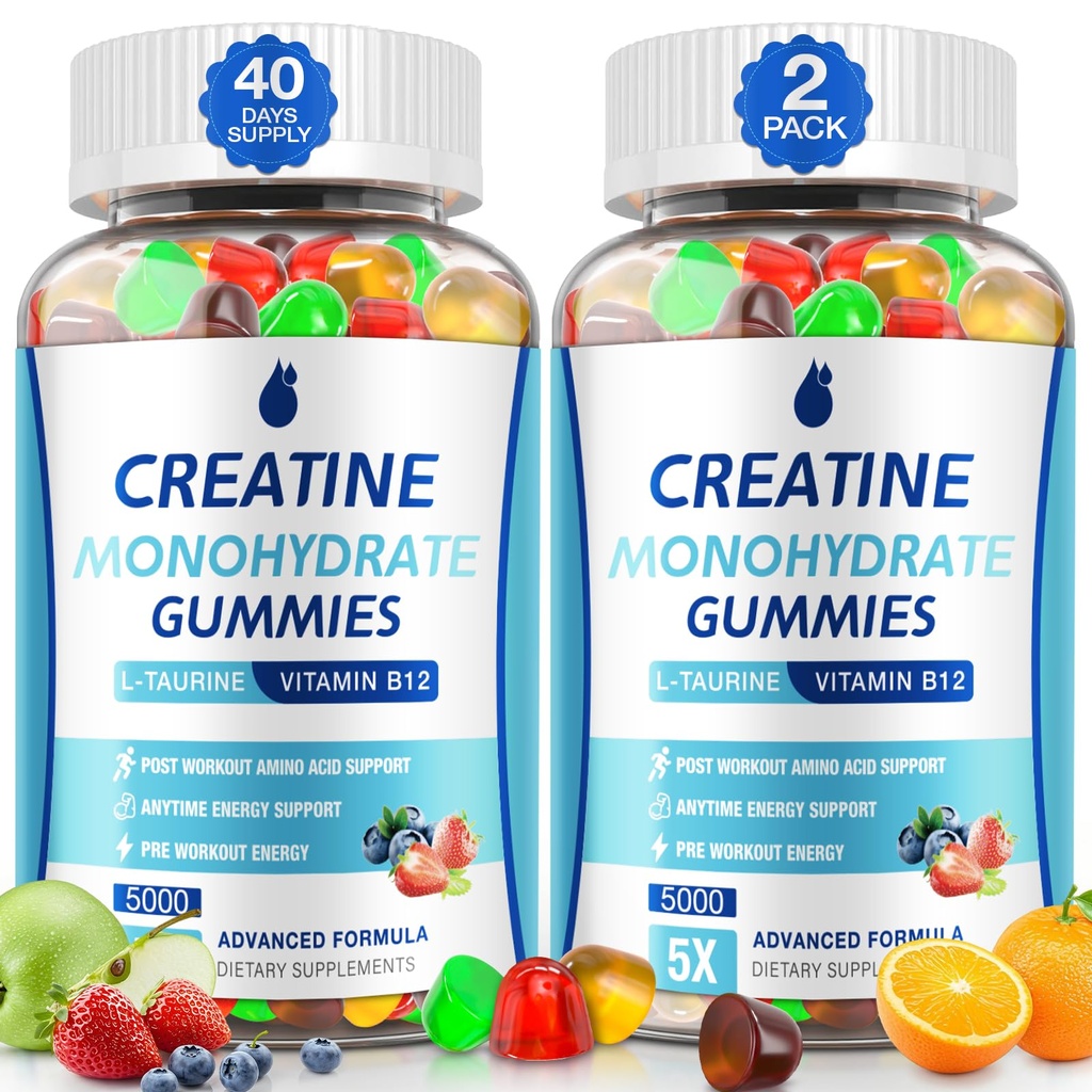 Creatinine Gummies for mænd og kvinder - Creatinine monohydrat Gummies 5g, Muscle Builder, Energy Boost & Pre- Workout Supplement, Lavsukker Taurine Chewable Gummy 2 Pack