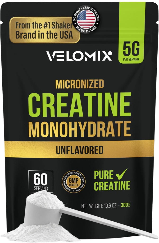 VELOMIX Mikroniseret Creatin monohydrat pulver - 100% Pure Creatin Powder Unflavored og Nem at blande 124; Understøtter muskelvækst, Inddrivelse, og styrke Buddy 124; 5000mg Per Serv (5g) - 60 Servering