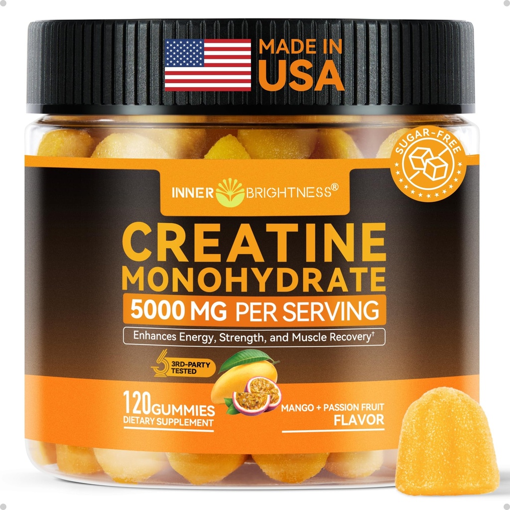 Indre Lysstyrke Creatinin Monohydrat Gummies for Mænd & Kvinder 5000 mg, 3. part Testet, Creatinine Chews for Muscle Growth, Strength & Energy Support, Sugar Free, Vegan, 120 Greve, Mango Passionfruit