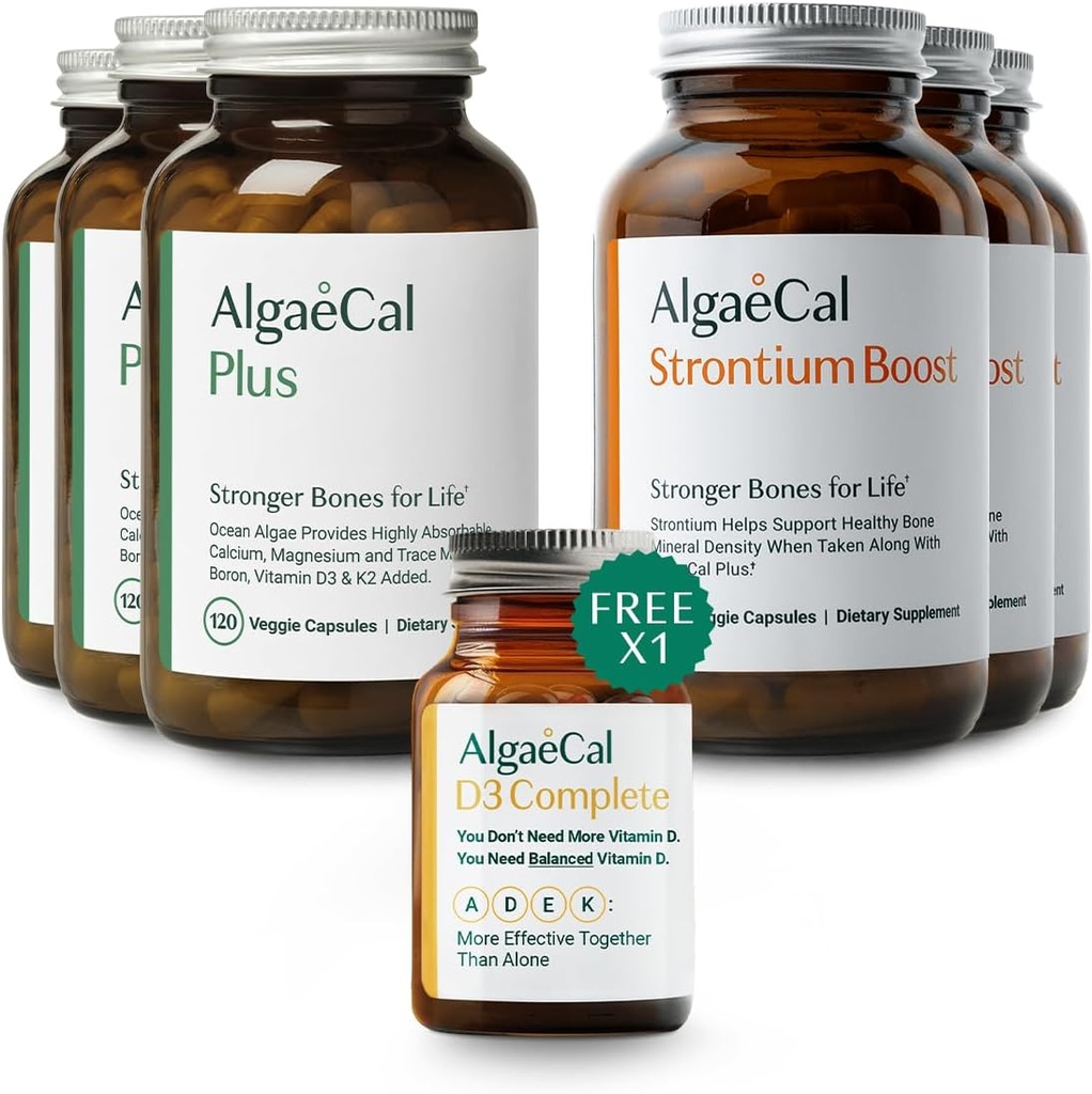 ALGAECAL Bundle Sundhed Bundle - Gratis 4-in-1 D3-vitamin Complete & Red Algae Calcium med 16 essentielle næringsstoffer, Klinisk støttet til at øge knogletæthed i 6 måneder