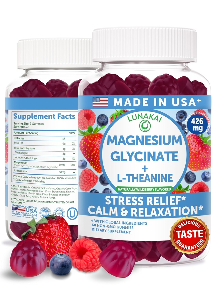 Lunakai USA Lavet Magnesium Glycinate Gummies 426mg med L-Theanin - rolig, søvn, Stress Relief for voksne & Børn, Non- GMO, Vegan, 60ct