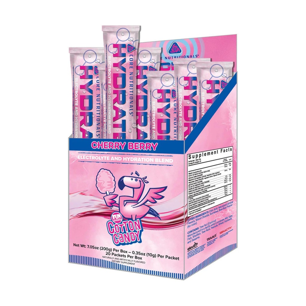 Core Nutritionals Hydrate Electrolyte Drink Mix | Full Electrolyte & Hydration Blend | Improve Stamina & Recovery | 20 Stick Packs (Fun Sweets Cherry Berry)