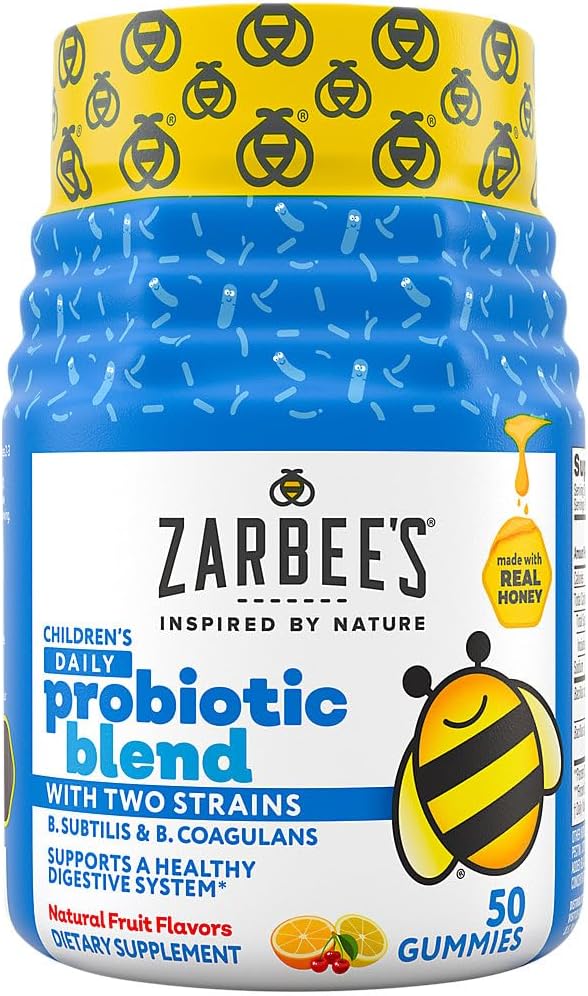 Zarbee 's Kid' s Daily Probiotic Blend Gummies med 2 Strops til fordøjelsesstøtte; Let at tygge; Gluten- Free & Drug- Free; Age 2 +; Natural Fruit Flavors; 50 Greve