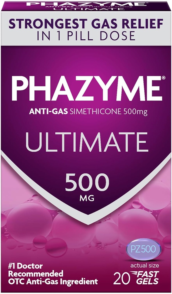 Phazyme Ultimate Strength Anti- Gas 500 mg Simeticone Gas Relief for voksne, Hurtig Gels Hurtig Ease Bloating, Tryk og ubehag, 20 Greve
