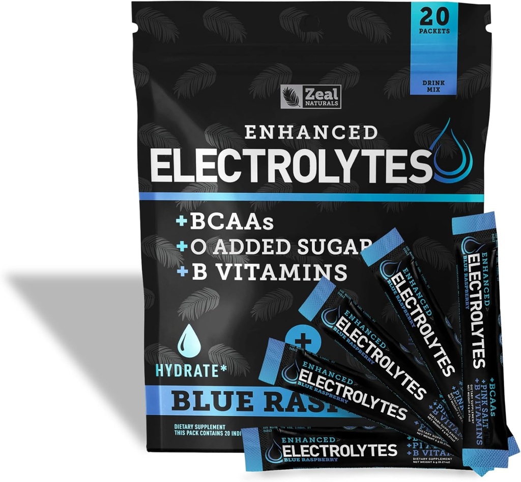 Forstærket electrolyte Powder Stick Packs (Blå Hindbær Name 124; 20 Pakker) w / 0 Sukker + BCAAs + B- Vitaminer Electrolyte Supplement w Kalium Zink & Magnesium til hydrering - Keto Electrolytes