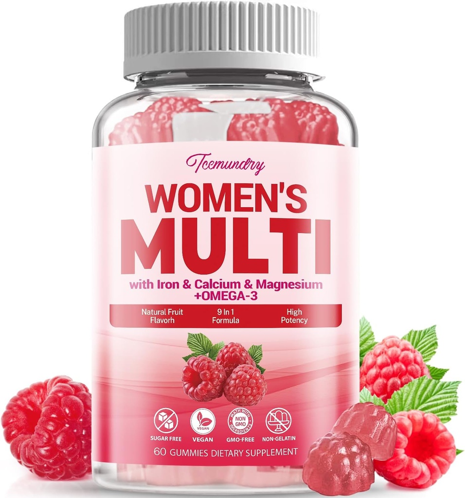 Sugar- Free Womens Multivitamin Gummies - High Absorption Multivitamin for Women Gummy with Omega-3, Astaxanthin, Calcium, Jern, Vitamin A, C, D3, K2, E, B6, B12 - Understøtter hud, hår, energi, immunforsvar