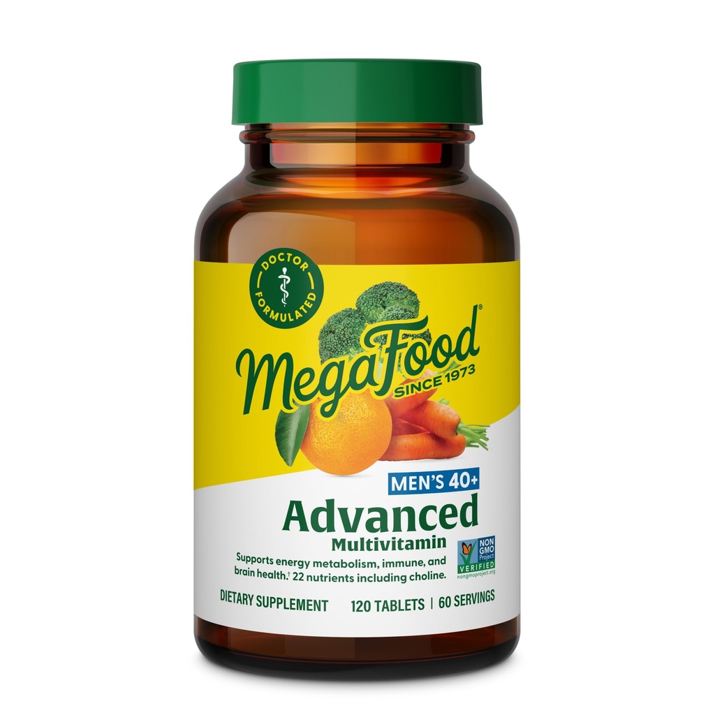 MegaFood Mænds 40 + Avanceret Multivitamin til mænd - Dr-Formuleret - Cholin, B-vitamin, C-vitamin, D-vitamin, Zink & Real Food - Brain Health, immunforsvar - Vegetarisk - 120 Tabs (60 Servering)