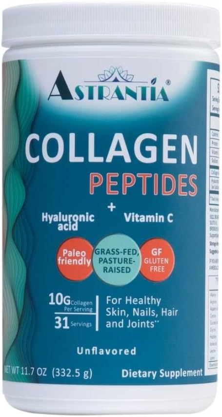 ASTRANTIA collagen peptider pulver, Grass- fodret Unflavored collagen med hyaluronsyre og C-vitamin for sunde negle, hud, hår og joddele; Paleo Friendly Mead124; Gluten Free Mead124; Non GMO Mead124; 11,7 OZ
