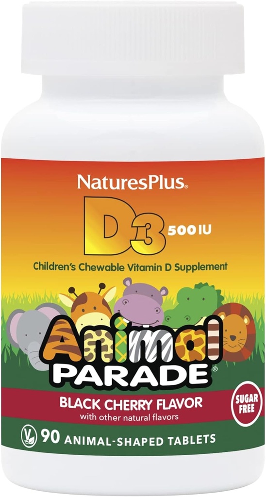 Natures Plus Animal Parade Sugar- Free Children 's Vitamin D3- 500 IE - Black Cherry Flavor - 90 Chewable Animal Shaped Tablets - Knoglehygiejne & immunsystemet support - 90 Servere