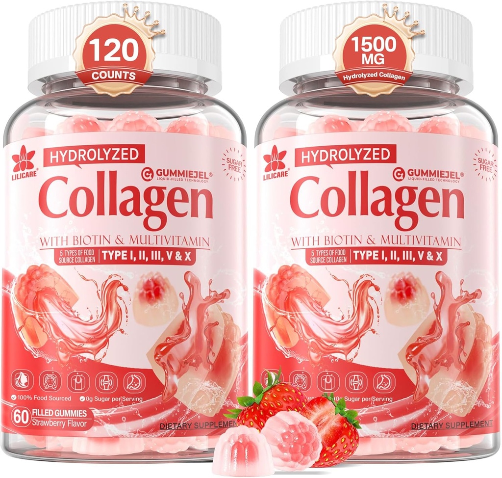 2Pack Sugar-Free Hydrolyzed Collagen Peptide Filled Gummies for Women & Men, with 1500mg Protein Type I,II,III,V,X, 5000mcg Biotin Vitamin C A E D3 B6 B12 for Immune Digestion Skin Hair Nails, Bone