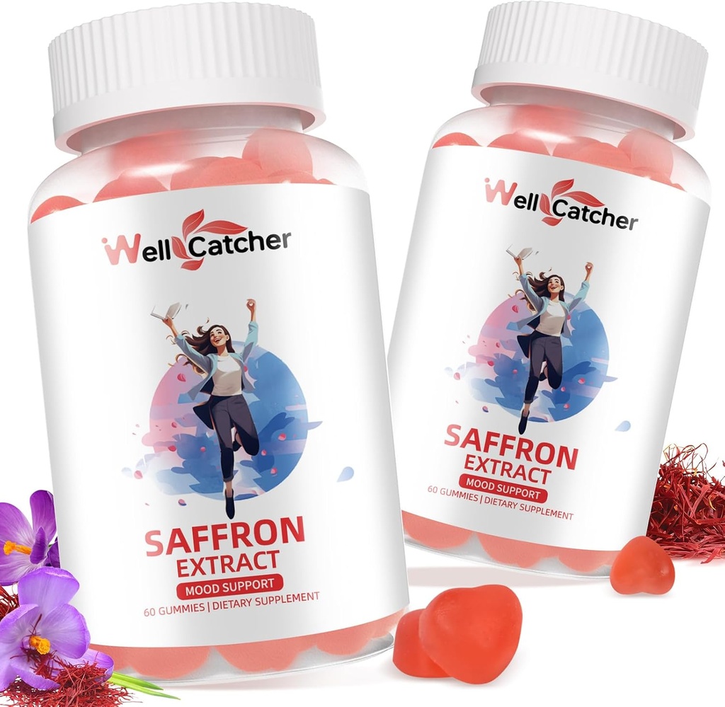 Saffron Gummies til voksne børn - Organic Saffron Extract Supplement for Mænd Kvinder Sukker Gratis for Mood Balance Support Bedre søvn Metabolisme med Vitaminer Ikke GMO Jordbærsmag 60 dages forsyning