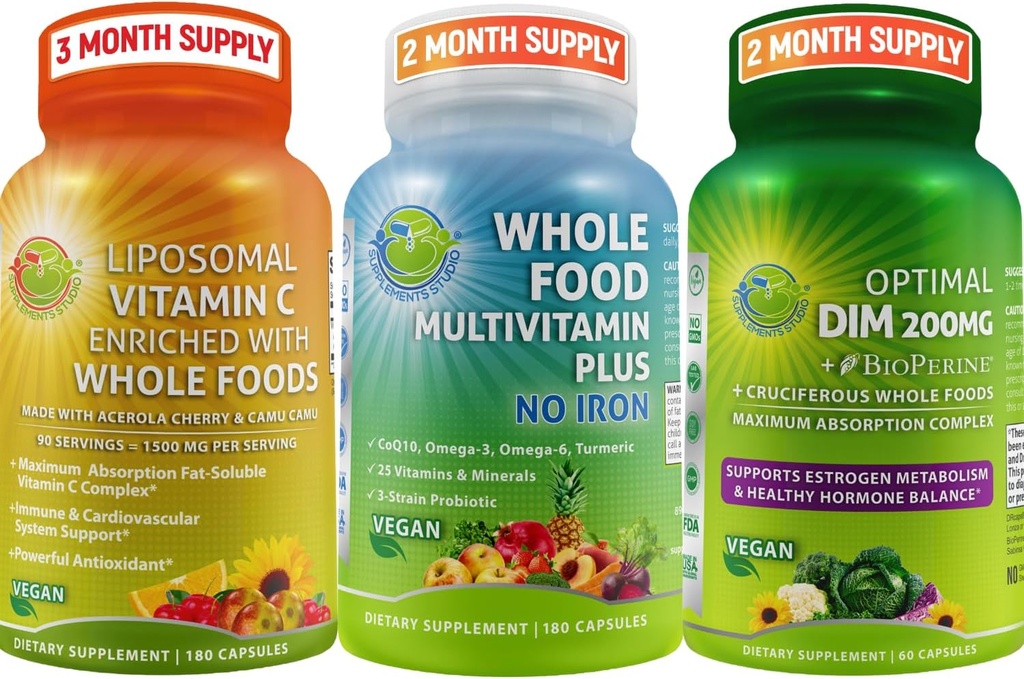 TILLÆG STUDIO Vegansk immun, Energi & Hormone Support Bundle for Mænd og Kvinder - Vegansk hel mad Multivitamin uden jern + Liposomal Vitamin C 1500mg + Optimal DIM 200mg med BioPerine ®