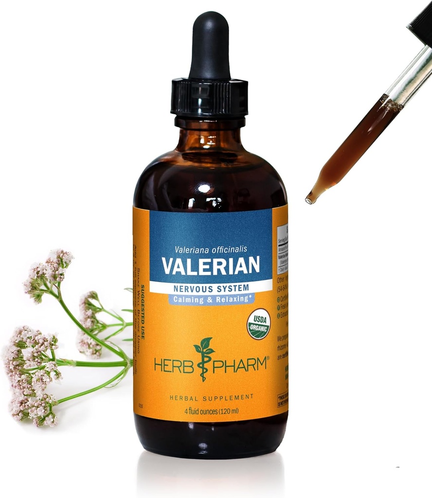 Herb Pharm Certified Organic Valerian Root Liquid Extract til afslapning og rolig søvn, Organic Cane Alkohol, 4 Ounce