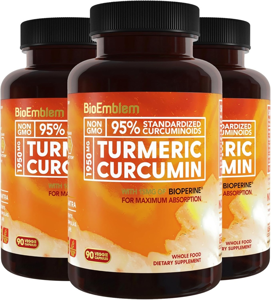 Bioemblem gurkemeje Curcumin Supplement til BioPerine Mea124; Joint Support & Heart Health Mea124; med Organic gurkemeje pulver & 95% Curcuminoids Extract 124; California Made, Non- GMO, 90- Day Supply