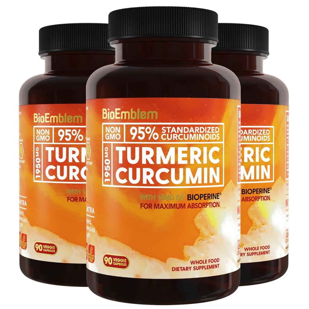 Bioemblem gurkemeje Curcumin Supplement til BioPerine Mea124; Joint Support & Heart Health Mea124; med Organic gurkemeje pulver & 95% Curcuminoids Extract 124; California Made, Non- GMO, 90- Day Supply