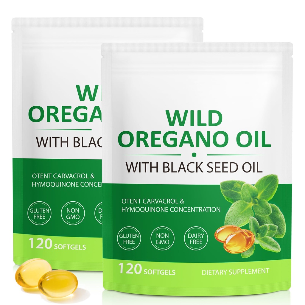 Olie af Oregano Softgels 6000mg, 2 i 1 Formuleret med Black Seed Oil 200mg, Immunstøtte, Oregano Oil Capsules Organic, Natural Defense Supplement, Non- GMO, Let at synke, 240 Softgels