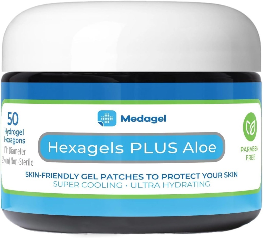 Hexagels Plus Aloe Vera - Advanced Healing Hydrogel Pads for Blister Prevention & Lindrende Burn Care - Foot, Heel, Toe, & Ankle Protection, Pack of 50, 1-Inch Patches, ved Medagel, Paraben Free Formel
