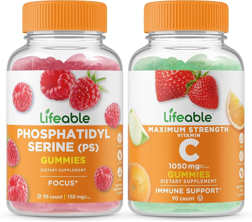 Lifeable Phosphatidylserin (PS) + C-vitamin 1050mg, Gummies Bundle - Great Tasting, Vitamin Supplement, Gluten fri, GMO fri, Chewable Gummy