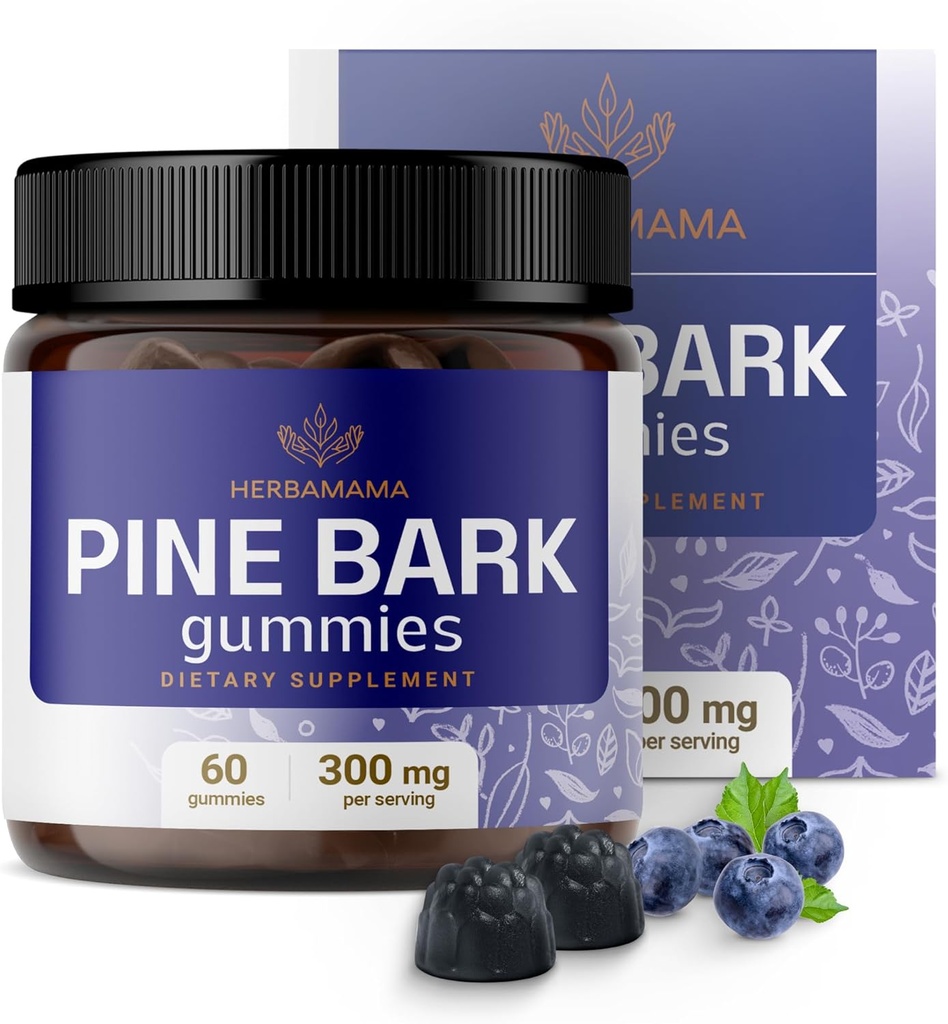 HERBAMAMA Pine Bark Extract Gummies - 300mg French Maritime Pine Bark Tree for Antioxidant Support - Vegan, Non- GMO Pinus Pinaster Supplement - 60 Pectin- baserede Blueberry- Tygge