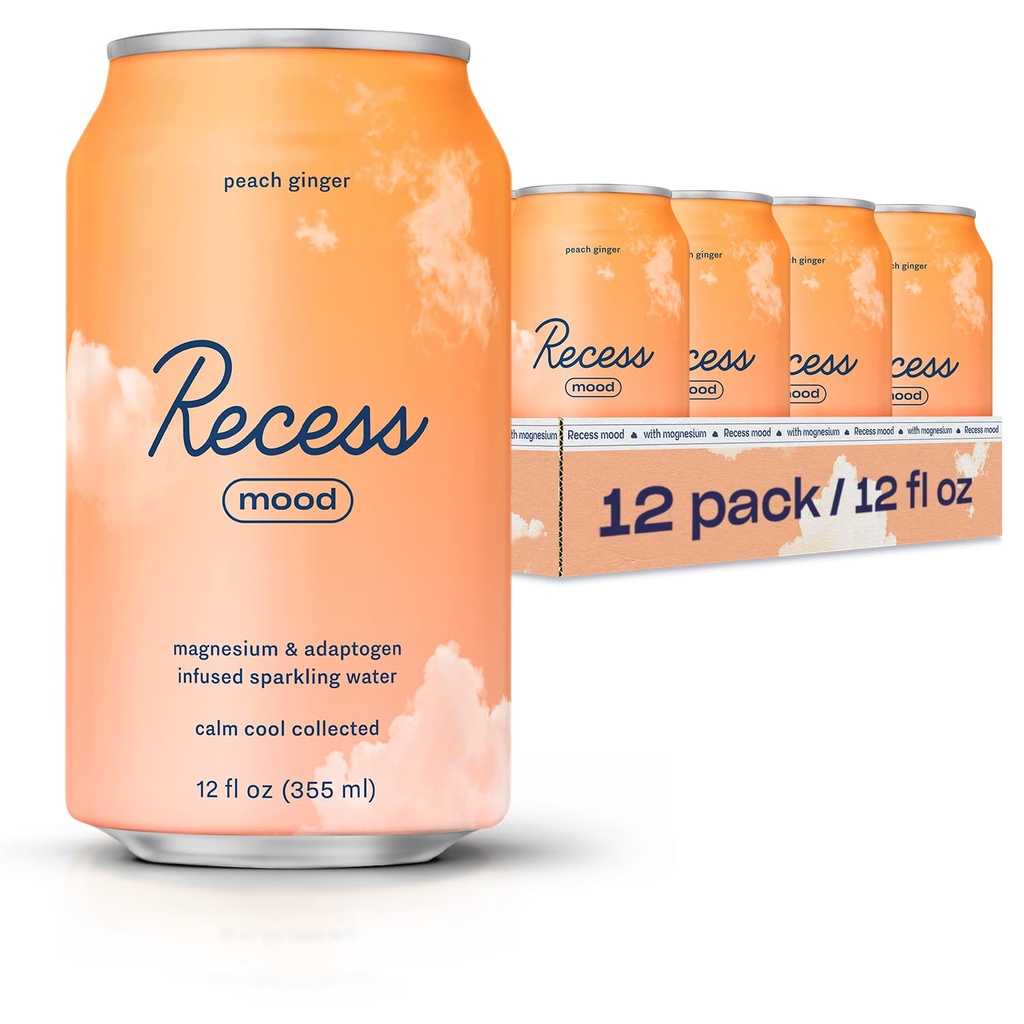 Recess Mood Magnesium & Adaptogen Drikke, Afslapning Drikkevarer, 12 Unse (Peach Ingefær, 12 pakke)