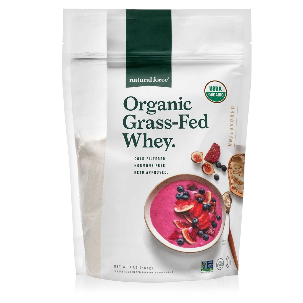 Natural Force Grass Feed Organic Whey Protein Powder - Ikke GMO, Keto Friendly, Low Carb, Kosher - Lab Testet for toksiner - Pure & Unflavored - 16 oz.