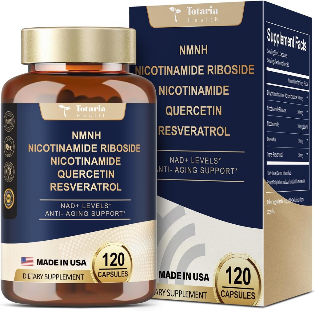 Totaria NMNH (Dihydronicotinamid Mononucleotid), NMNH Supplement w / Niacinamid (vitamin B3), Quercetin, Trans- Resveratrol, Support NAD +, Skin Cell Health *, Anti- Aging & Energy, 120 Caps