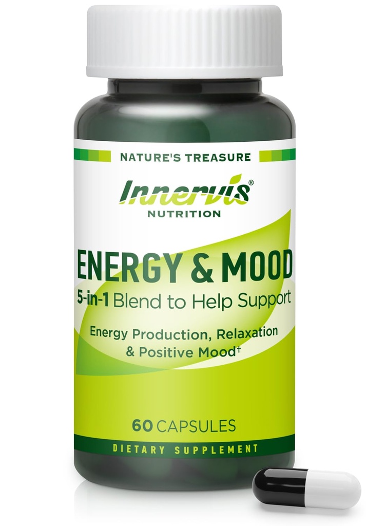Caffeine Free Natural Energy Boost with Ashwagandha, Maca & Magnesium - Support Stress Relief, Focus & Mood - 60 Capsules by Innervis Nutrition
