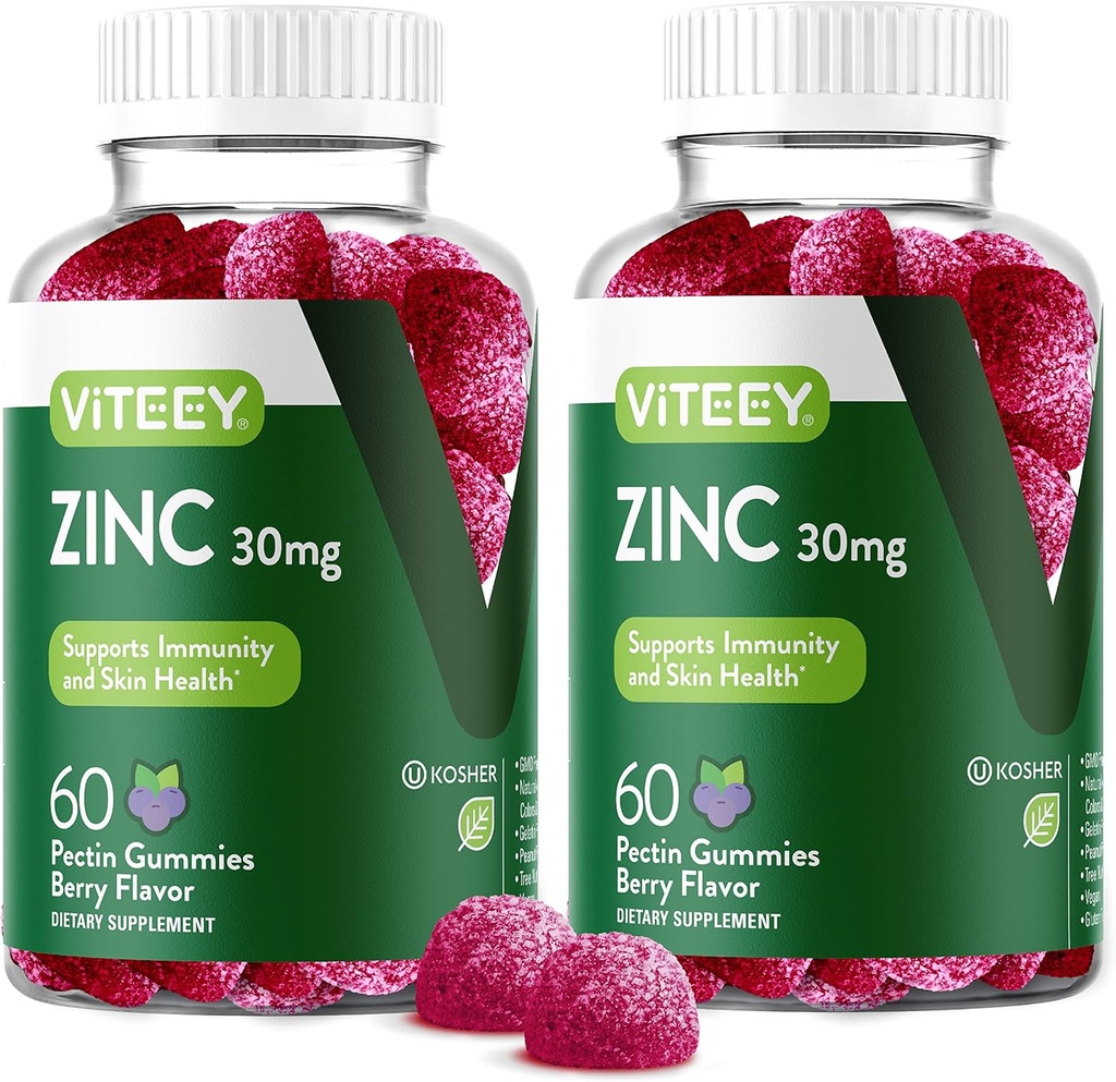 Viteey Zink gummier til mænd og kvinder - Zink kosttilskud 30mg - Immunboost & hudsundhed - Vegan, Gluten Free - 120 Greve