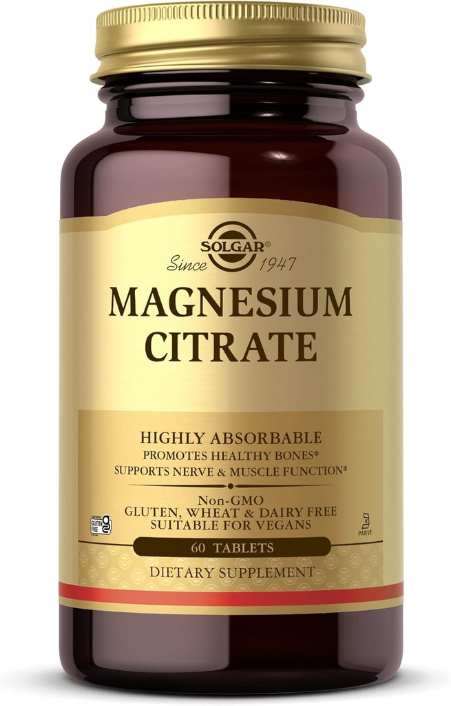 Solgar Magnesium Citrate - 60 tabletter - fremmer sunde knogler, støtter Nerve & Muskelfunktion - Højt Absorberbare - Non-GMO, Vegan, Gluten Free, Kosher - 30 Serveringer