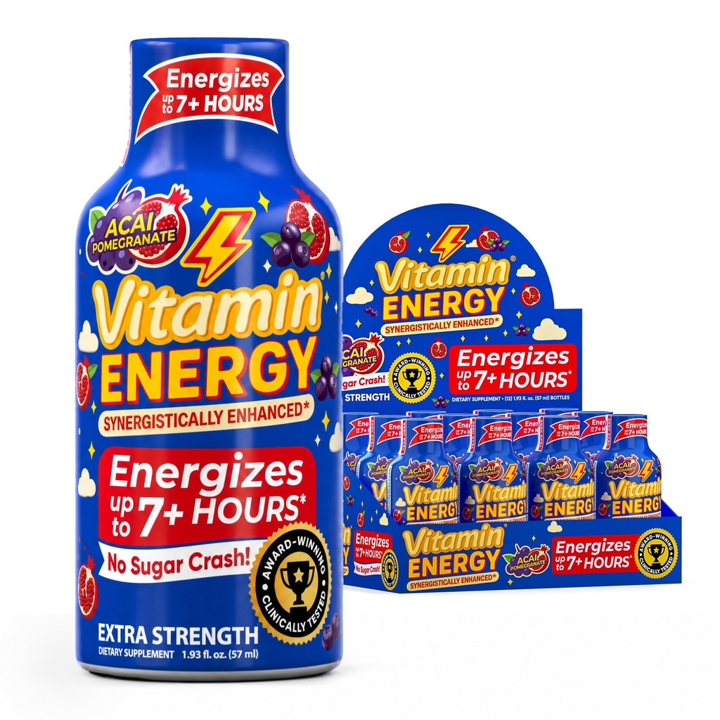 Vitamin Energi B12 11.000% Ekstra styrke Energi Shot Açaí Pomegranate 12 Pack, 260mg Naturlig Koffein, B12 & B6, Nootrope Focus, Vitality, Zero Sugar, Gluten- Free, Vegan, Kosher, 1.93 fl oz