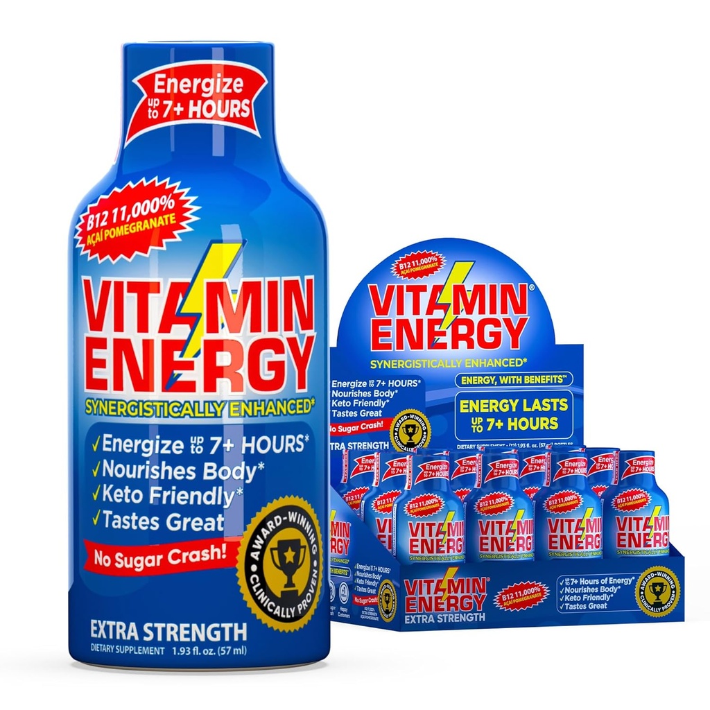 Vitamin Energi B12 11.000% Ekstra styrke Energi Shot Açaí Pomegranate 12 Pack, 260mg Naturlig Koffein, B12 & B6, Nootrope Focus, Vitality, Zero Sugar, Gluten- Free, Vegan, Kosher, 1.93 fl oz