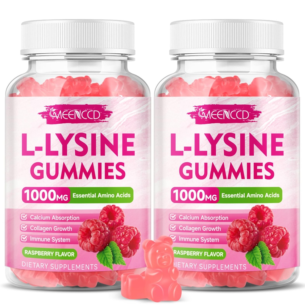 2 Pack L- Lysin 1000mg Gummies, Lysin supplement til voksne & børn, Essential Aminosyre til læber & oral sundhed, Boost Immunum & Collagen & Calcium, sukkerfri, Raspberry Flavor, 120 Greve