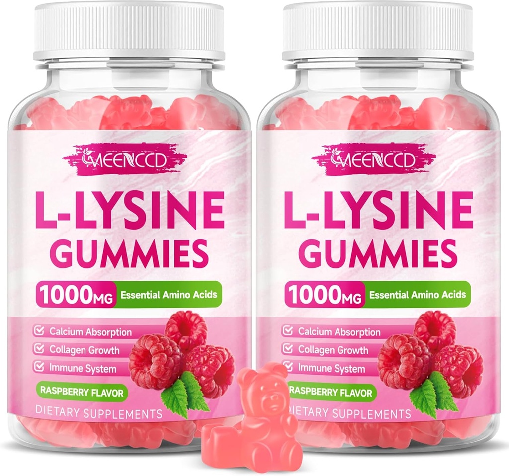 2 Pack L- Lysin 1000mg Gummies, Lysin supplement til voksne & børn, Essential Aminosyre til læber & oral sundhed, Boost Immunum & Collagen & Calcium, sukkerfri, Raspberry Flavor, 120 Greve