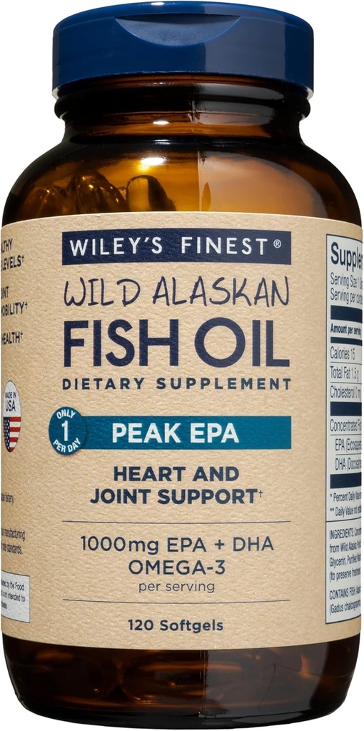 Wiley 's Finest Wild Alaskan Fish Oil Peak EPA - Triple Strength Peak EPA & DHA Supplement - 1000 mg Fish Oil - Omega- 3s til fælles sundhedsstøtte - 120 Softgels (120 Servere)