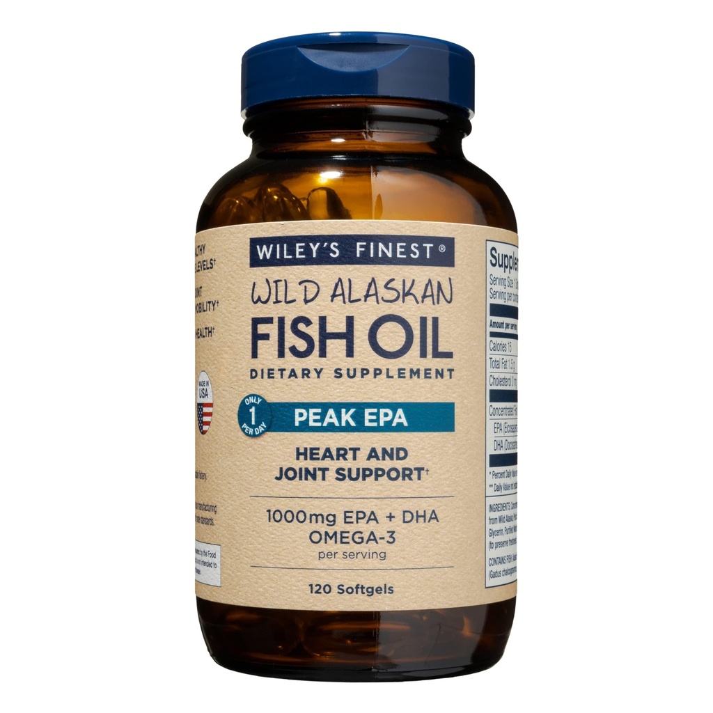 Wiley 's Finest Wild Alaskan Fish Oil Peak EPA - Triple Strength Peak EPA & DHA Supplement - 1000 mg Fish Oil - Omega- 3s til fælles sundhedsstøtte - 120 Softgels (120 Servere)