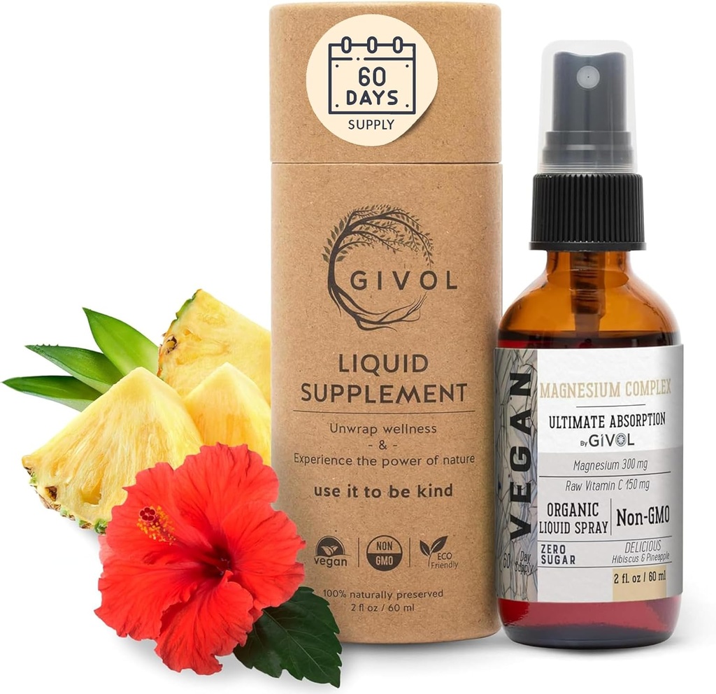 Tri Magnesium Complex - Magnesium Biglycinate, Citrate & Taurate Liquid Spray 300mg w / Raw Vitamin C til fremme af sindsro, Body Decompression - Hibiscus & Pineapple Flavor 60ml (2oz)