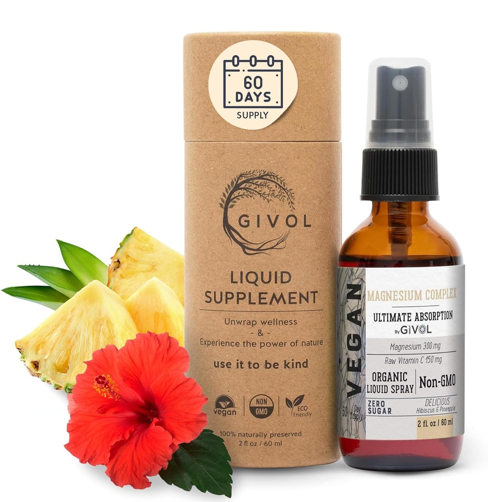 Tri Magnesium Complex - Magnesium Biglycinate, Citrate & Taurate Liquid Spray 300mg w / Raw Vitamin C til fremme af sindsro, Body Decompression - Hibiscus & Pineapple Flavor 60ml (2oz)