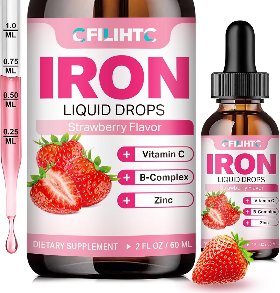 Flydende jerntilskud til kvinder Mænd og børn Multivitamin jerndråber med folat, C-vitamin, B6, B12, zink til anæmi, jernmangel, blodbygger, energi - Natural Strawberry Flavor, Vegan 2 Fl Oz