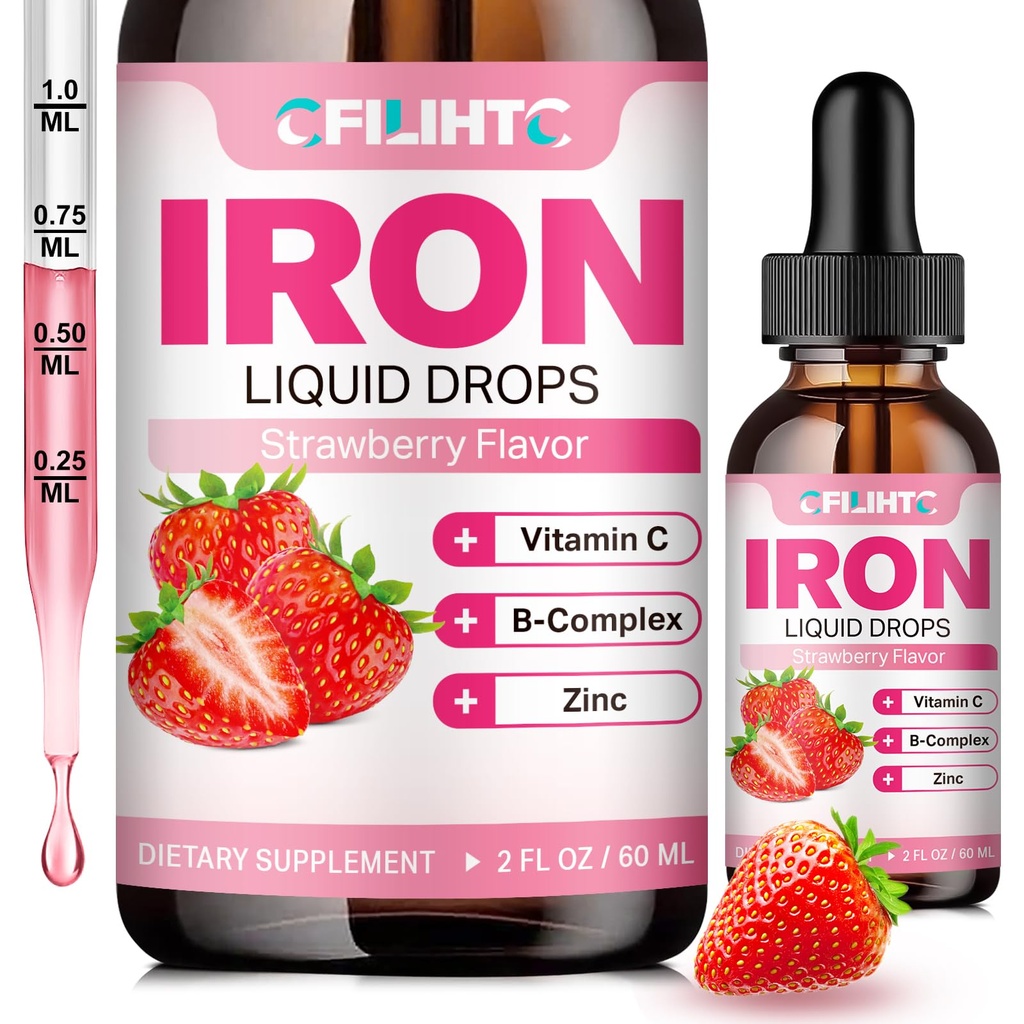 Flydende jerntilskud til kvinder Mænd og børn Multivitamin jerndråber med folat, C-vitamin, B6, B12, zink til anæmi, jernmangel, blodbygger, energi - Natural Strawberry Flavor, Vegan 2 Fl Oz