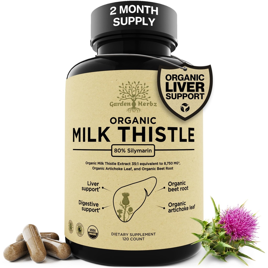 USDA Organic Milk Thistle Liver Detox Supplement 80% Silymarin, 250 mg with Beet Root & Artichoke Extract for Liver Support & Digestion, Made in USA, 120 Capsules (2 Month Supply)