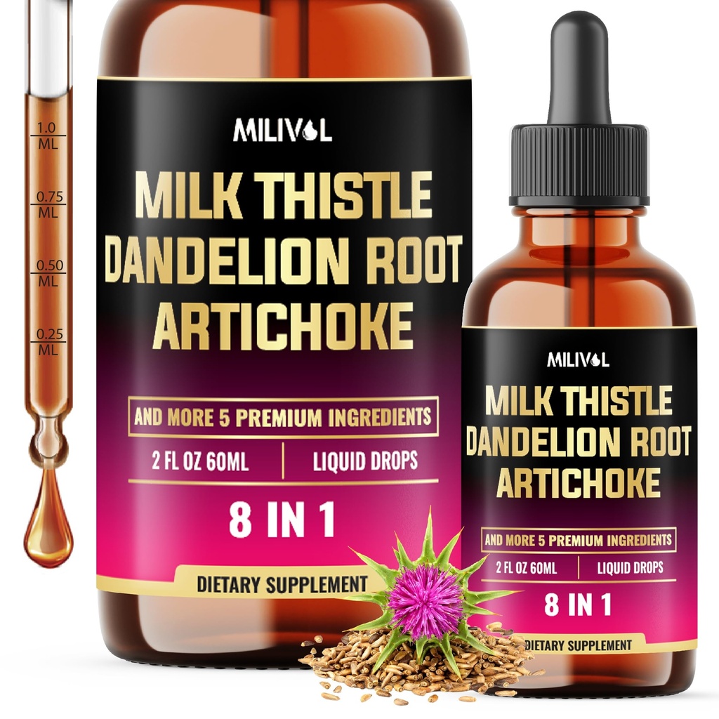 8in1 Milk Thistle Liquid Drops with Dandelion Root Extract, Artichoke Tincture, Turmeric Curcumin, Schisandra Berry, Chanca Piedra, Peppermint and Beet Root - 60 Days Supply - 2 Fl Oz