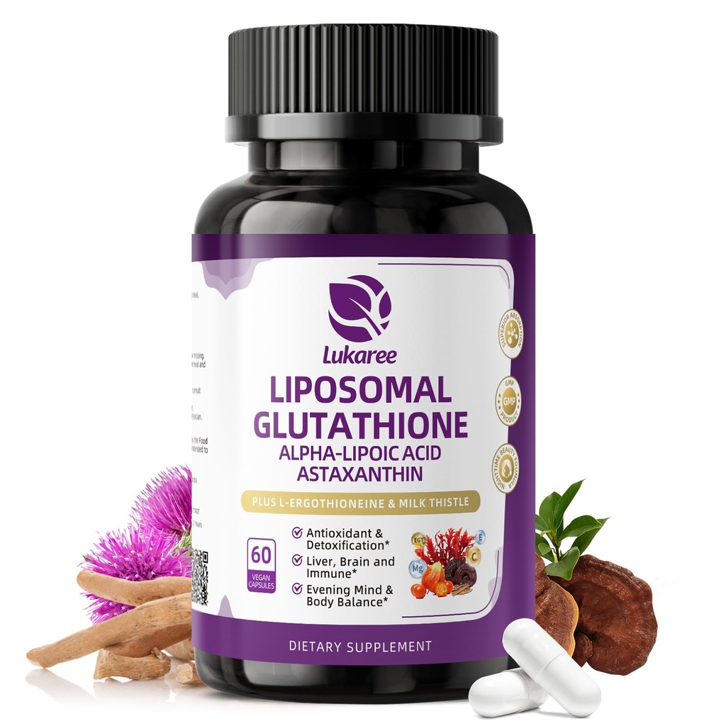 Liposomal Glutathione 500mg, Nighttime Beauty & Liver Support with Milk Thistle, Alpha Lipoic Acid, Astaxanthin | 15-in-1 Antioxidant Complex for Skin Radiance & Cellular Support, 60 Vegan Capsules