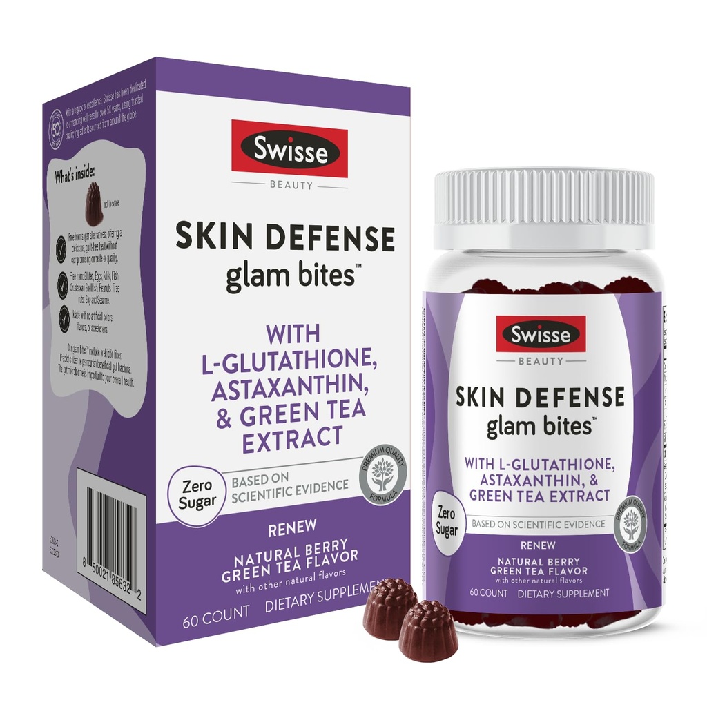 Swisse Skin Defense Glam Bites – Vitamin C, L-Glutathione & Astaxanthin – Supports Skin Elasticity, Moisture & Defense Against Environmental Stressors – Zero Sugar Gummies for Adults – 60 Count